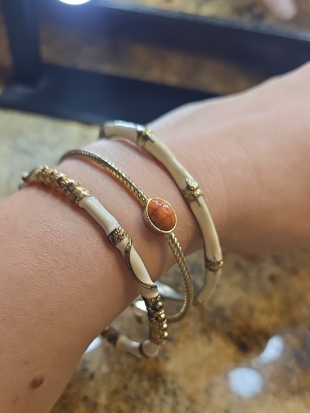 Gold and Cream Bangle Bracelet Set with Orange Stone Accent